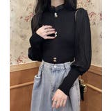 ブラック | 異素材ドッキングブラス バルーン袖 リブニットトップス | SEU