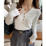 ホワイト | マンテルボタンＶネックリブニットトップス【SHOPLIST限定 新作 春 | SEU