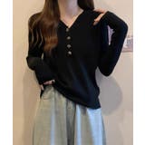 ブラック | マンテルボタンＶネックリブニットトップス【SHOPLIST限定 新作 春 | SEU