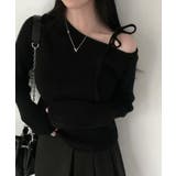 ブラック | ショルダーリボンニット オフショルダー ニットトップス | SEU