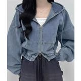 ブルー | デニムフーディショートブルゾン ドロップショルダージップパーカー | SEU