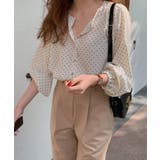 ベージュ | ドット柄ノーカラー七分袖ブラウス【SHOPLIST限定 新作 春 夏 秋】 | SEU