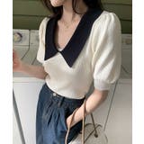 配色カラー二の腕カバーパフスリーブニット | SEU | 詳細画像12