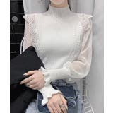 ホワイト | シアースリーブレースフリルリブニットトップス【SHOPLIST限定 新作 春 | SEU