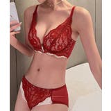 レッド | 【2点セット】花柄レースノンワイヤー 下厚パッド美胸ブラ＆ショーツセット【SHO… | SEU