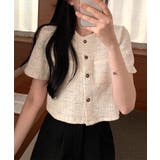 ベージュ | ツイードチェック風ノーカラー半袖ジャケット【SHOPLIST限定 新作 春 | SEU
