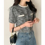 ブラック | ツイードチェック風ノーカラー半袖ジャケット【SHOPLIST限定 新作 春 | SEU