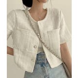 ホワイト | パールボタンツイード半袖ノーカラージャケット【SHOPLIST限定 新作 春 | SEU