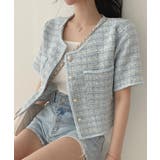 ブルー | パールボタンツイード半袖ノーカラージャケット【SHOPLIST限定 新作 春 | SEU