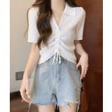 ホワイト | シャーリングドロストリブニットポロクロップドトップス【SHOPLIST限定 新作… | SEU