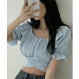 ブルー | 【2WAY】ボリュームスリーブバックリボンショート丈半袖トップス【SHOPLIS… | SEU
