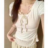 ホワイト | 配色フリルリボンネックリブ半袖トップス【SHOPLIST限定 新作 春 | SEU