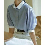 ブルー系その他 | 配色襟ストライプ半袖パフスリーブシャツ【SHOPLIST限定 新作 春 | SEU