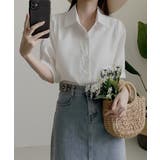 ホワイト | 配色襟ストライプ半袖パフスリーブシャツ【SHOPLIST限定 新作 春 | SEU