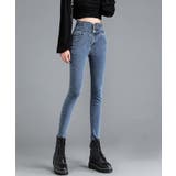 ブルー | 裏起毛ハイウエストストレッチスキニーデニムパンツ | SAISON DE PAPILLON 