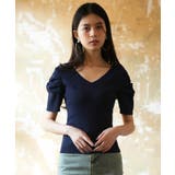 ネイビー | ギャザーパフスリーブVネックニットプルオーバー | SAISON DE PAPILLON 