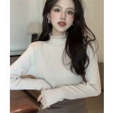 アイボリー | 春まで着れる リブニットトップス フリルとパールがアクセント | SEU