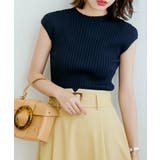 ネイビー | フレンチスリーブリブ切替サマーニットトップス | SAISON DE PAPILLON 