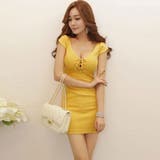 ボディコンミニワンピース キャバドレス レースアップ 前後深Vネック 半袖 | 3uers | 詳細画像1