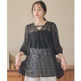 ブラック | パフスリーブ楊柳刺繍チュニック | earth music&ecology 