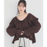 チェックブラウン | ラッフルカラーカットブラウス | earth music&ecology 