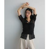 ブラック | カットワークデザインレース半袖トップス | Green Parks 