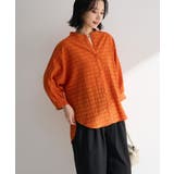 オレンジ | シアーチェック７分袖シャツ | Green Parks 