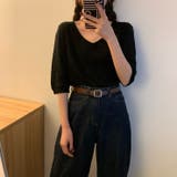 ブラック | Vネック半袖サマーニットプルオーバー【韓国ファッション】 | Doula Doula