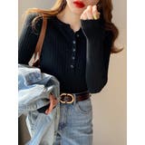 ブラック | リブヘンリーネックトップス【韓国ファッション】 | Girly Doll