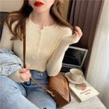 ベージュ | リブヘンリーネックトップス【韓国ファッション】 | Girly Doll