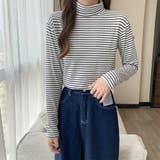 ホワイト | ハイネックボーダーカットソー【韓国ファッション】【春夏新商品】 | Doula Doula