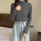ブラック | ハイネックボーダーカットソー【韓国ファッション】【春夏新商品】 | Doula Doula