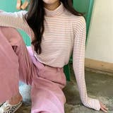 ピンク | ハイネックボーダーカットソー【韓国ファッション】【春夏新商品】 | Doula Doula