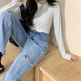グリーン | ハイネックボーダーカットソー【韓国ファッション】【春夏新商品】 | Doula Doula