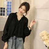 ブラック | ギャザーネックボリュームスリーブブラウス【韓国ファッション】 | Girly Doll