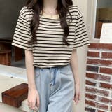 ベージュ×ブラック | ボーダーＴシャツ【韓国ファッション】 | Girly Doll