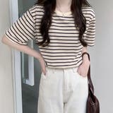 ベージュ×ブラウン | ボーダーＴシャツ【韓国ファッション】 | Girly Doll