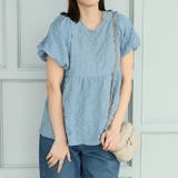 ブルー | ポコポコチェックバックリボンバルーンスリーブブラウス | Doula Doula