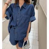 ダークブルー | デニムシャツ+ショートパンツ セットアップ【韓国ファッション】 | Girly Doll