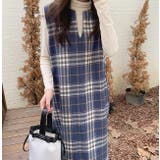 ブルー | Vネックウールチェックロングノースリワンピース【韓国ファッション】 | Girly Doll
