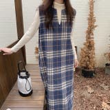 Vネックウールチェックロングノースリワンピース【韓国ファッション】 | Girly Doll | 詳細画像2 
