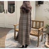 ブラウン | Vネックウールチェックロングノースリワンピース【韓国ファッション】 | Girly Doll