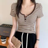 ブラウン | ヘンリーネックボーダーTシャツ【韓国ファッション】 | Girly Doll