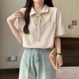 ベージュ | ポロカラーレースアップ半袖カットソー【韓国ファッション】 | Girly Doll