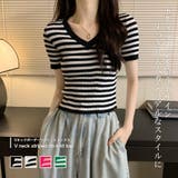 Vネックボーダーリブニットトップス【韓国ファッション】 | Doula Doula | 詳細画像1 