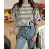 ライトブルー | ハートのロゴがポイント。クルーネックカラーボーダーTシャツ | Girly Doll