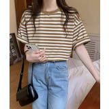 ブラウン | ハートのロゴがポイント。クルーネックカラーボーダーTシャツ | Girly Doll