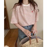 ライトピンク | ハートのロゴがポイント。クルーネックカラーボーダーTシャツ | Girly Doll