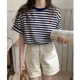 ネイビー | ハートのロゴがポイント。クルーネックカラーボーダーTシャツ | Girly Doll