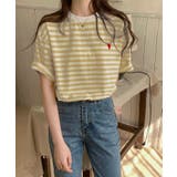 ライトイエロー | ハートのロゴがポイント。クルーネックカラーボーダーTシャツ | Girly Doll